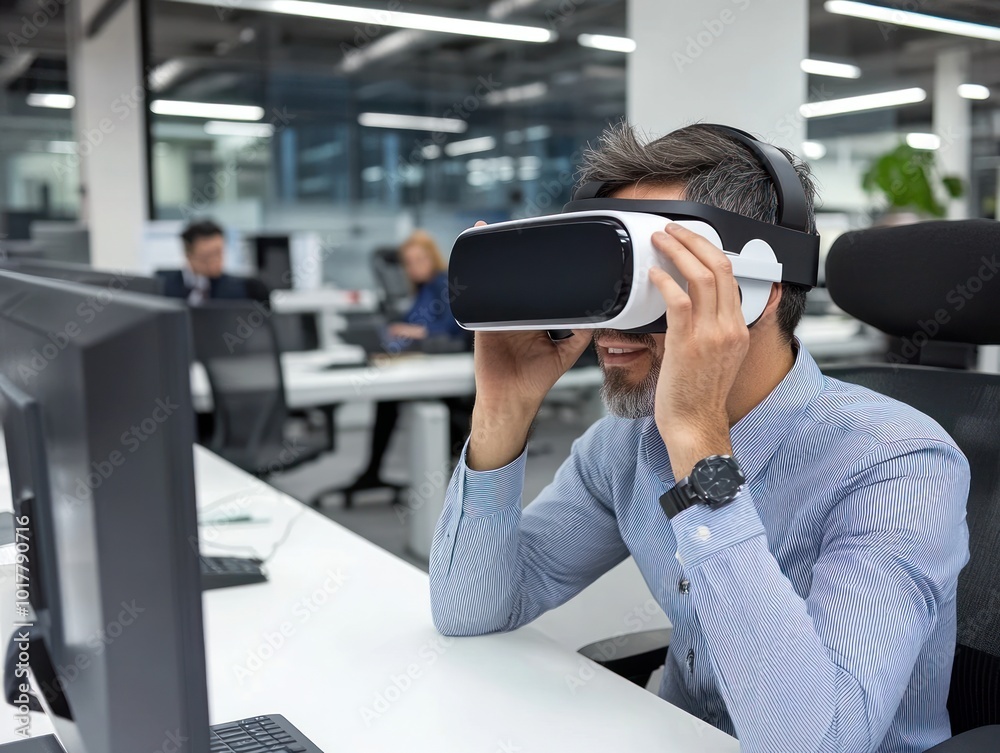 Poster Man using virtual reality headset in an office environment, engaged in immersive experience.