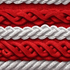 Knitted batiste cotton fabric featuring alternating stripes of red and white. The texture is soft and intricate, showcasing the craftsmanship of the knitting technique.