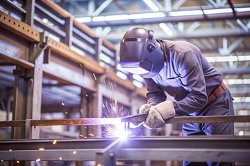 Industry and hard work. A welder in protective gear works with a welding machine for welding steel at the factory.
