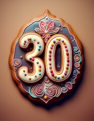 Decorated cookie, number 30, illustration for birthday or anniversary celebration