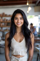 Smiling woman in pottery studio