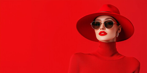 Closeup portrait of glamour woman with red lips on red background. Elegant lady in wide brimmed hat on vacation or party. Retro fashion concept. Banner with copy space