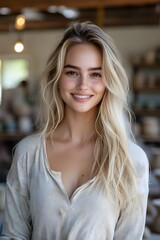 Smiling woman with long hair in studio 