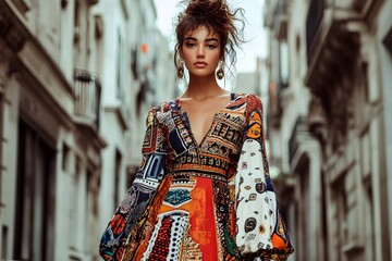Urban European model with patterned dress