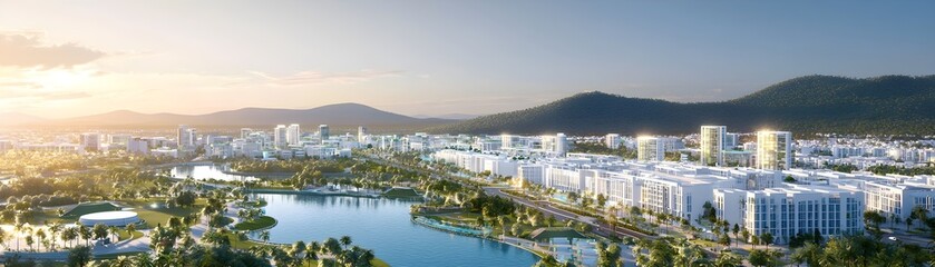 Obraz premium Urban landscape showcasing innovative sustainable architecture, green spaces, and vibrant community life, reflecting a forward-thinking city design.