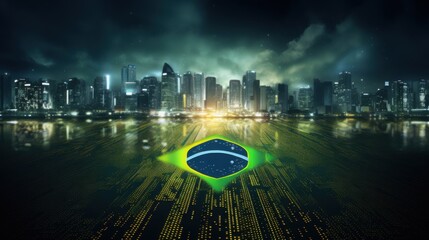 Illuminated Brazilian flag overlaying a futuristic cityscape, merging technology and culture in a dynamic, cosmic night setting.