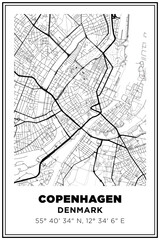 Obraz premium Black and white printable Street map art Copenhagen city, Denmark. Travel poster with coordinates, poster design, Modern Poster Wall Art Home Decor Ready to Printable