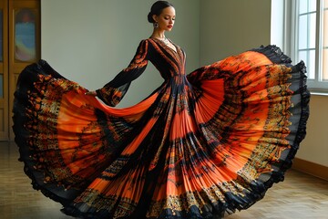Obraz premium European model in elegant Spanish flamenco dress