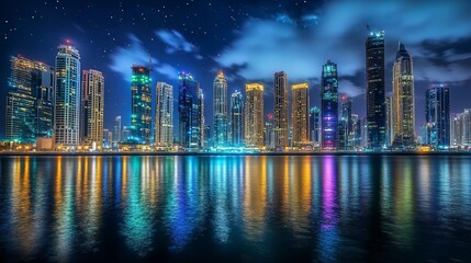 Fototapeta premium Dubai's Business Bay glows at night, with towering skyscrapers reflecting off the water and the cityscape illuminated by vibrant lights.