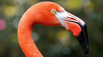 A close-up of a vibrant orange flamingo's head, showcasing its unique beak and striking eye against a blurred background.