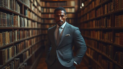 A stylish man in a tailored suit poses confidently in a grand library, blending sophistication with intellect, surrounded by rows of books.