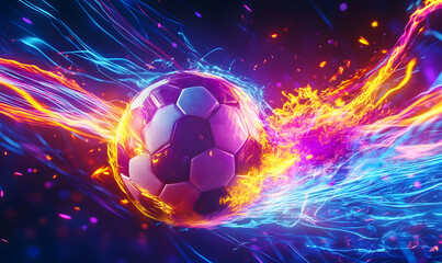 Fototapeta premium Dynamic Neon Football Action with Futuristic Geometric Patterns and Vibrant Light Trails for High-Energy Sports Advertising Backgrounds