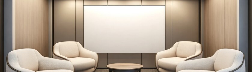 A modern meeting space with four chairs around a central table and a blank presentation screen.