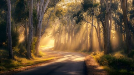 Obraz premium A winding road through the Australian forest, lined with towering eucalyptus trees and dappled sunlight filtering through dense foliage