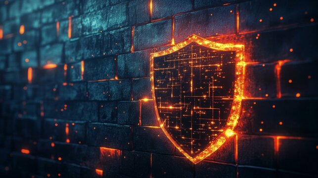 Digital shield protecting brick wall from cyber attacks