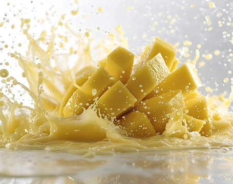 mango with dynamic mango lasse juice splash, isolated on white background