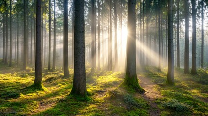 Fototapeta premium Serene forest with sunlight filtering through trees.
