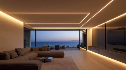 Recessed ceiling with concealed LED strip lighting, casting an ambient glow in a sleek, modern room, creating a luxurious and cozy atmosphere