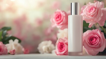 Fototapeta premium A minimalist beauty product bottle surrounded by soft pink roses, evoking a sense of elegance and freshness.