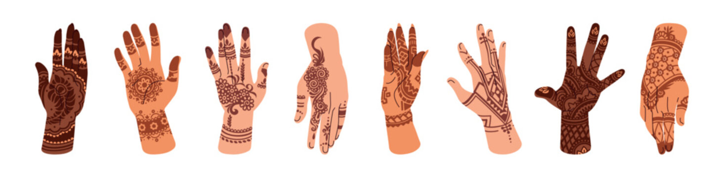 Traditional mehendi on hands set. Indian henna tattoos, Arabic patterns on palms. Diverse women with different designs, styles of mehndi, floral ornaments. Flat isolated vector illustrations on white