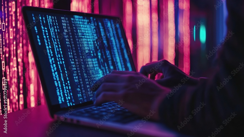 Poster hands typing on laptop with digital code display