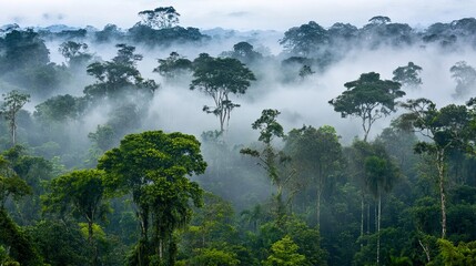 Lush rainforest shrouded in mist and greenery.