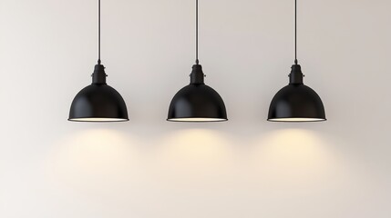 Three black pendant lights hanging symmetrically in front of a plain white wall, perfect for a clean and modern lighting mockup. 3D rendering.