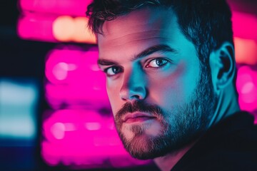  male cybersecurity expert with short hair, serious expression, typing on a computer. Blurred background with hacking detection alerts on screens