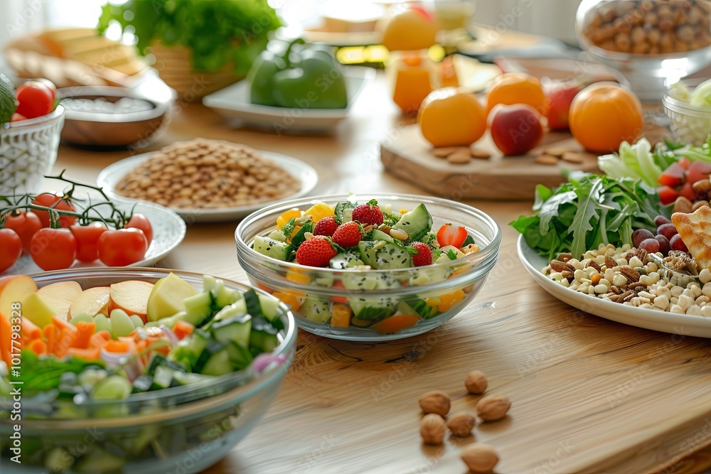 Poster the wooden table is filled with colorful fruits, fresh vegetables, and healthy meals, showcasing a v