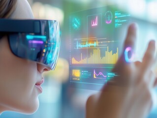 Close-up of woman`s face wearing AR glasses with hand in the air interacting with yellow blue and purple holographic data frame, showing various types of charts. Modern futuristic business solutions. 