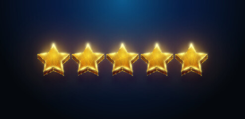 Obraz premium Abstract illustration of five gold stars rating in low poly style. Blue geometric background depicting customer feedback for excellent service concept by wireframe connection structure