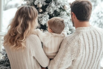 Fototapeta premium Backview of family (adult woman and man carrying a child in the middle) looking at christmas tree with white decorations. Everybody waring white sweaters. Mom and child are blonde.