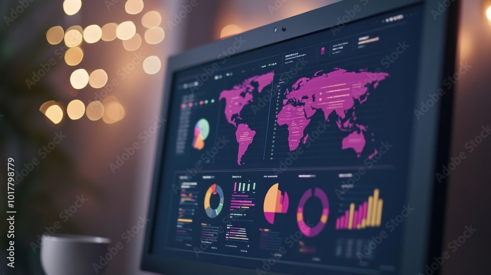 Poster close-up of computer screen with complex business data dashboards and analysis tools.
