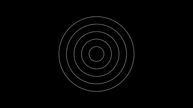 Circle radar interface signal with concentric rings moving. Animation of radio wave, radar or sonar, White circle, signal, map, military target Loopable, Chroma key, RGB and alpha matted