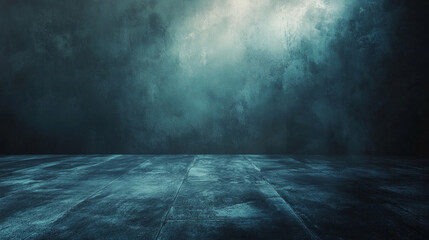 A large, empty room with a blue wall and a grey floor