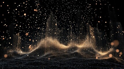 The image is a black and white photo of a starry night sky with a lot of glitter