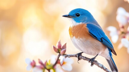 A vibrant bluebird perched on a branch with delicate blossoms, set against a soft, warm background.