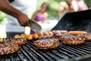 A grill master flipping burgers and hot dogs on the barbecue. Guests are cheering and taking pictures of the tasty food being prepared, Generative A