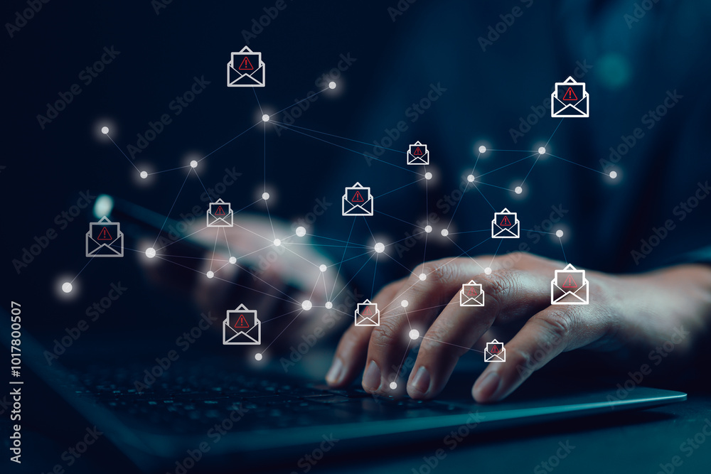 Poster email concept with laptop spam and virus computer monitor internet security concept, businessman rea