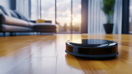 Fototapeta premium Robotic Vacuum Cleaner in Modern Living Room with Sunlit Hardwood Floors, AI