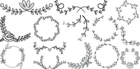 Botanical Wreaths Set, Elegant Floral Circular Frame Designs, Minimalistic Leaf Wreath Vector Collection for Invitations, Wedding Cards, Logos, and Nature-Themed Projects