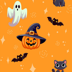 Halloween holiday seamless pattern background. Ghost, pumpkin, cat, hat and bat. 