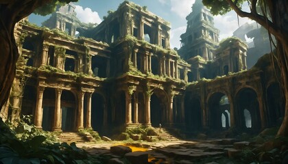 Obraz premium Ancient ruins covered in foliage with towering columns and a vibrant landscape