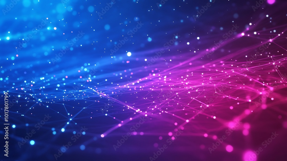 Poster abstract digital background with glowing lines and dots in blue and pink colors.