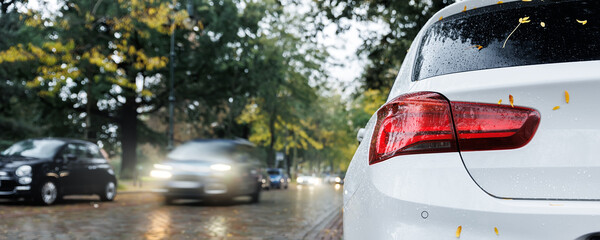 Moody scenic back tail light view modern white car windshield covered golden yellow fallen leaves parked wet city street  autumn rainy day. Overcast sky rain road drive. Seasonal weather conditions