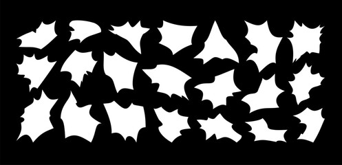 Grungy Halloween white vector text frames, black bg. Sharp edge paper balloons. Bat shape creepy text bubbles. Scary speech bubble set. Halloween pattern design element Collection. Spooky illustration