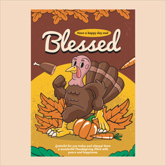 Obraz premium Thanksgiving Day poster with Turkey, Pumpkin, Autumn Leaves Mascot in Groovy Psychedelic Style Vintage Retro Cartoon Vector Illustration