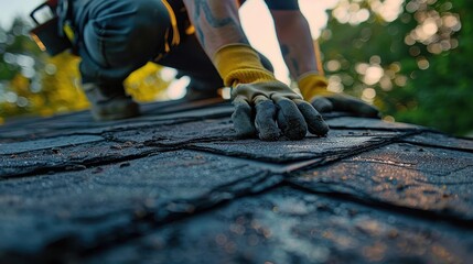 Worker wearing safety gloves installing roof shingles, close-up of hands. Construction and renovation concept, focused on craftsmanship and safety.