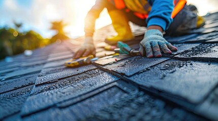 Close-up of a construction worker installing slate tiles on a roof under sunlight. The worker is wearing gloves and an orange safety vest.