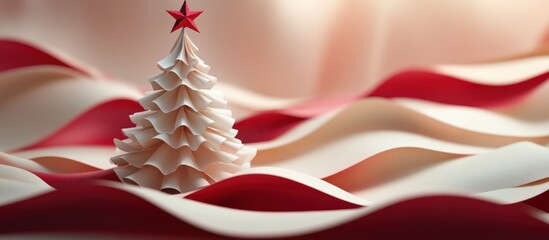 A miniature white Christmas tree with a red star sits on a  wavy abstract red and white background.